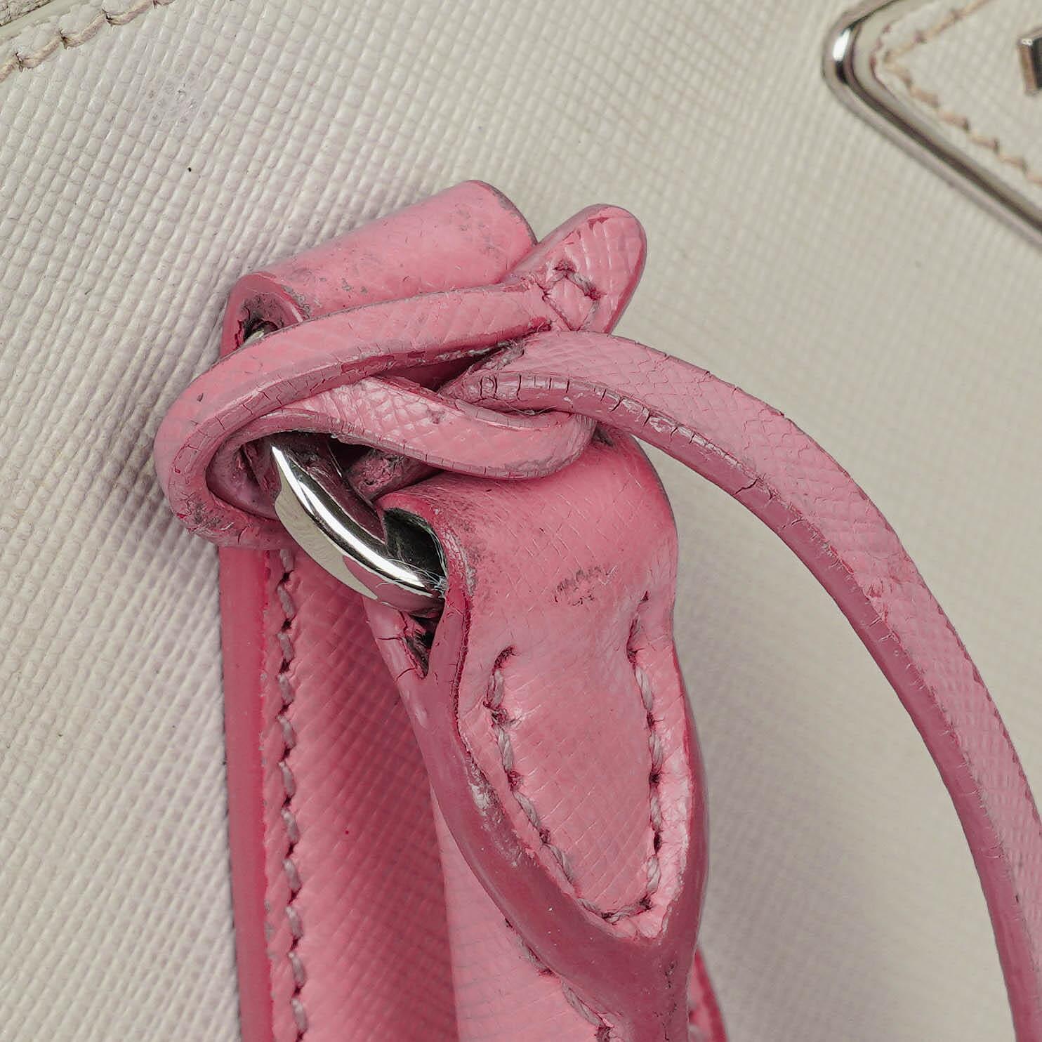 Prada Saffiano Lux Small Bi-Color White Begonia Galleria Double Zip Tote Bag