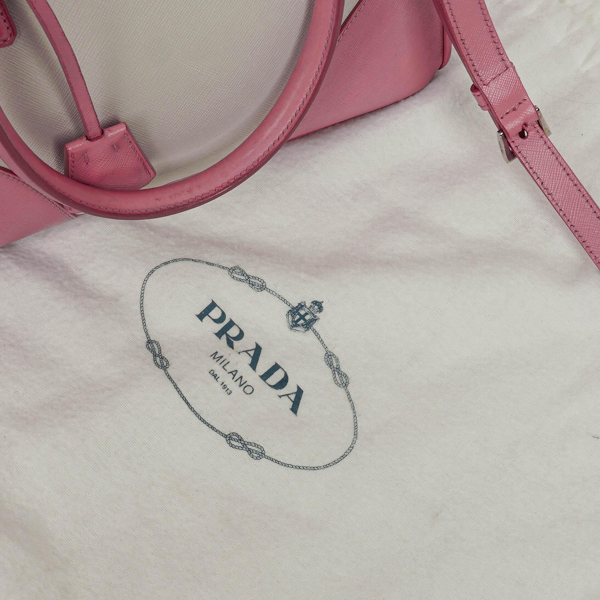 Prada Saffiano Lux Small Bi-Color White Begonia Galleria Double Zip Tote Bag