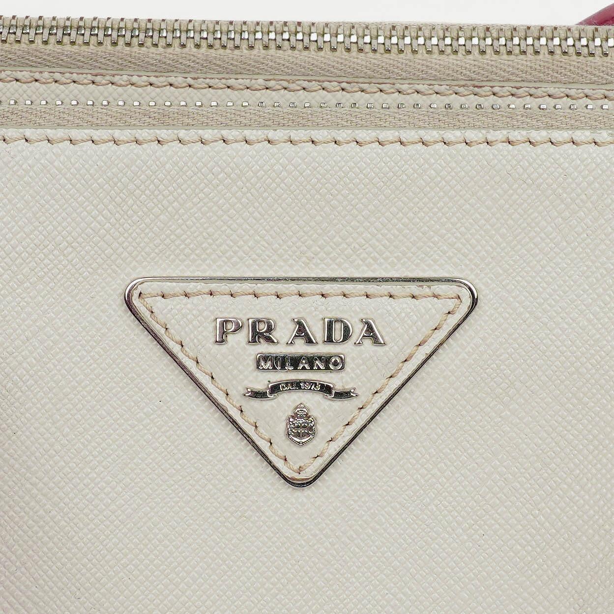 Prada Saffiano Lux Small Bi-Color White Begonia Galleria Double Zip Tote Bag
