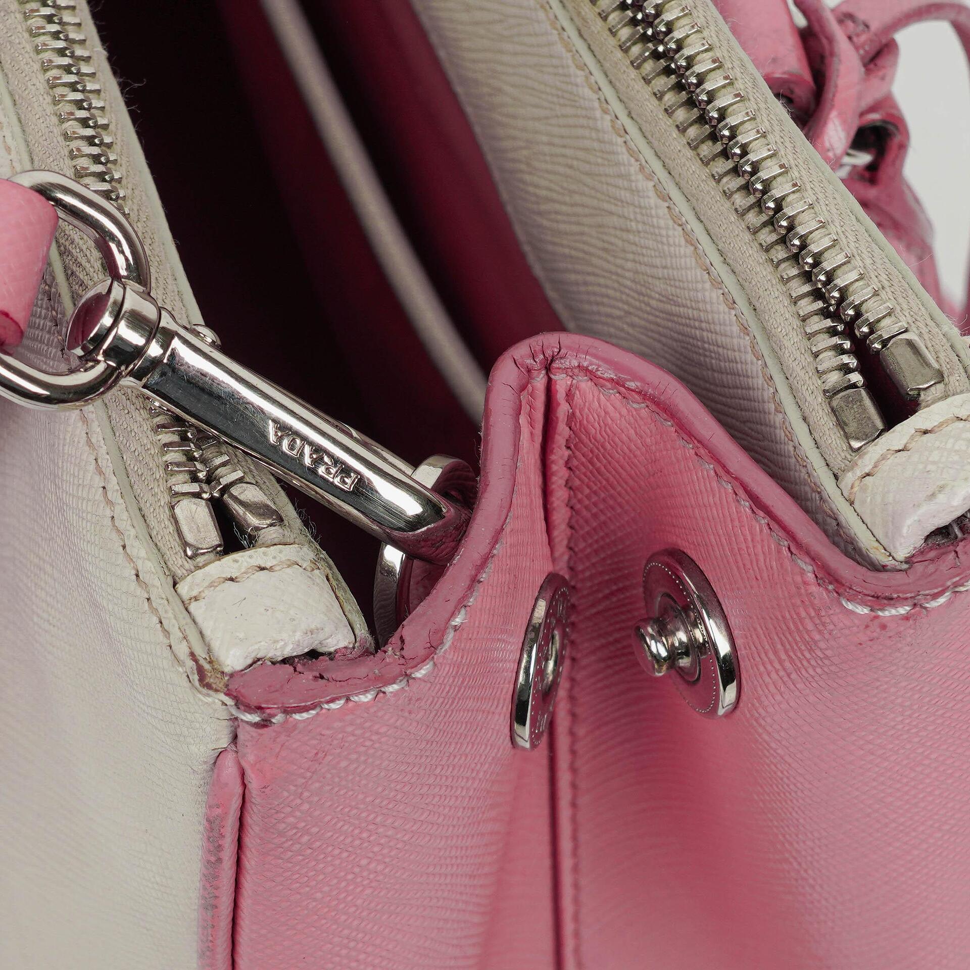 Prada Saffiano Lux Small Bi-Color White Begonia Galleria Double Zip Tote Bag