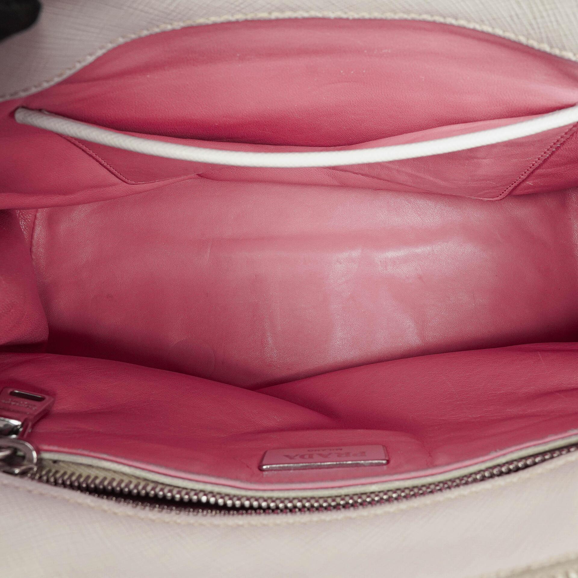 Prada Saffiano Lux Small Bi-Color White Begonia Galleria Double Zip Tote Bag