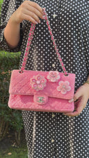 Chanel Classic Pink Tweed Crystal Bead Flower Embellished Quilted Medium Double Flap Bag With Silver Hardware