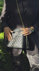 Chanel Vintage Large Camera Tassel Bag In Black Quilted Caviar Leather