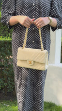 Chanel Chevron Medium Double Flap Bag In Beige Quilted Jersey And 24K Gold-Plated Hardware