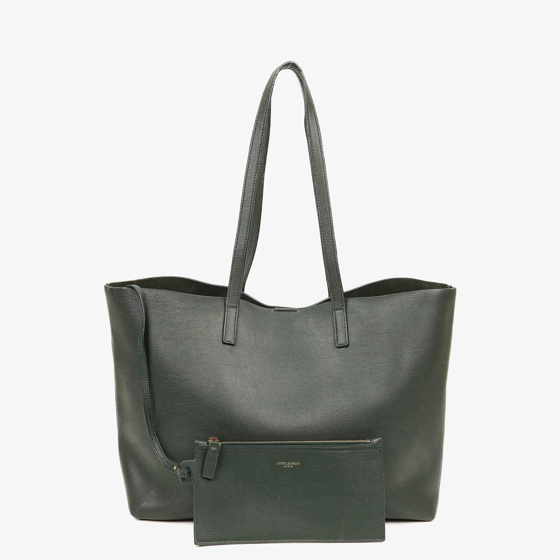 Saint Laurent Large Dark Green Leather Shopping Tote Bag