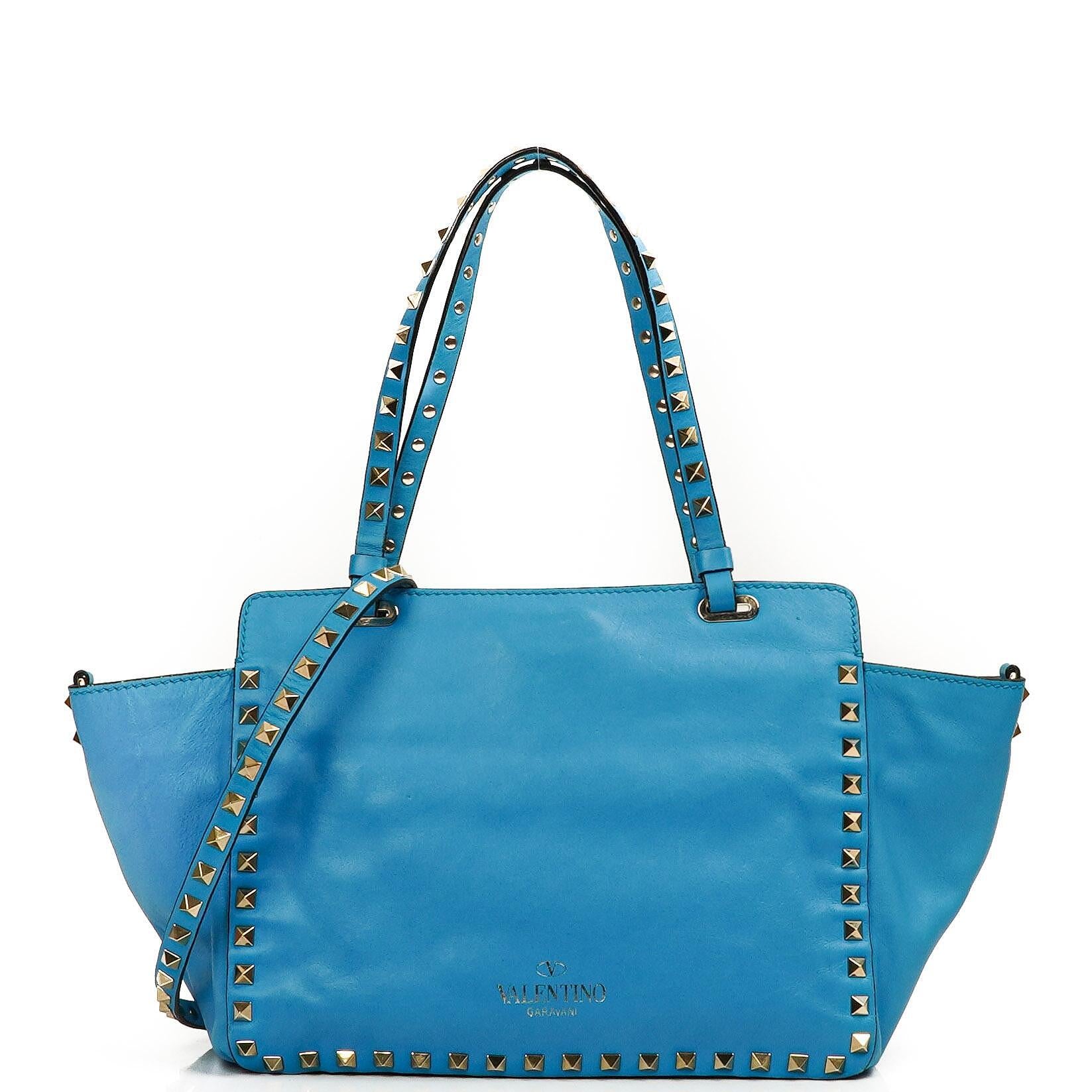 Valentino Garavani Small Rockstud Vitello Parrot Blue Tote Bag