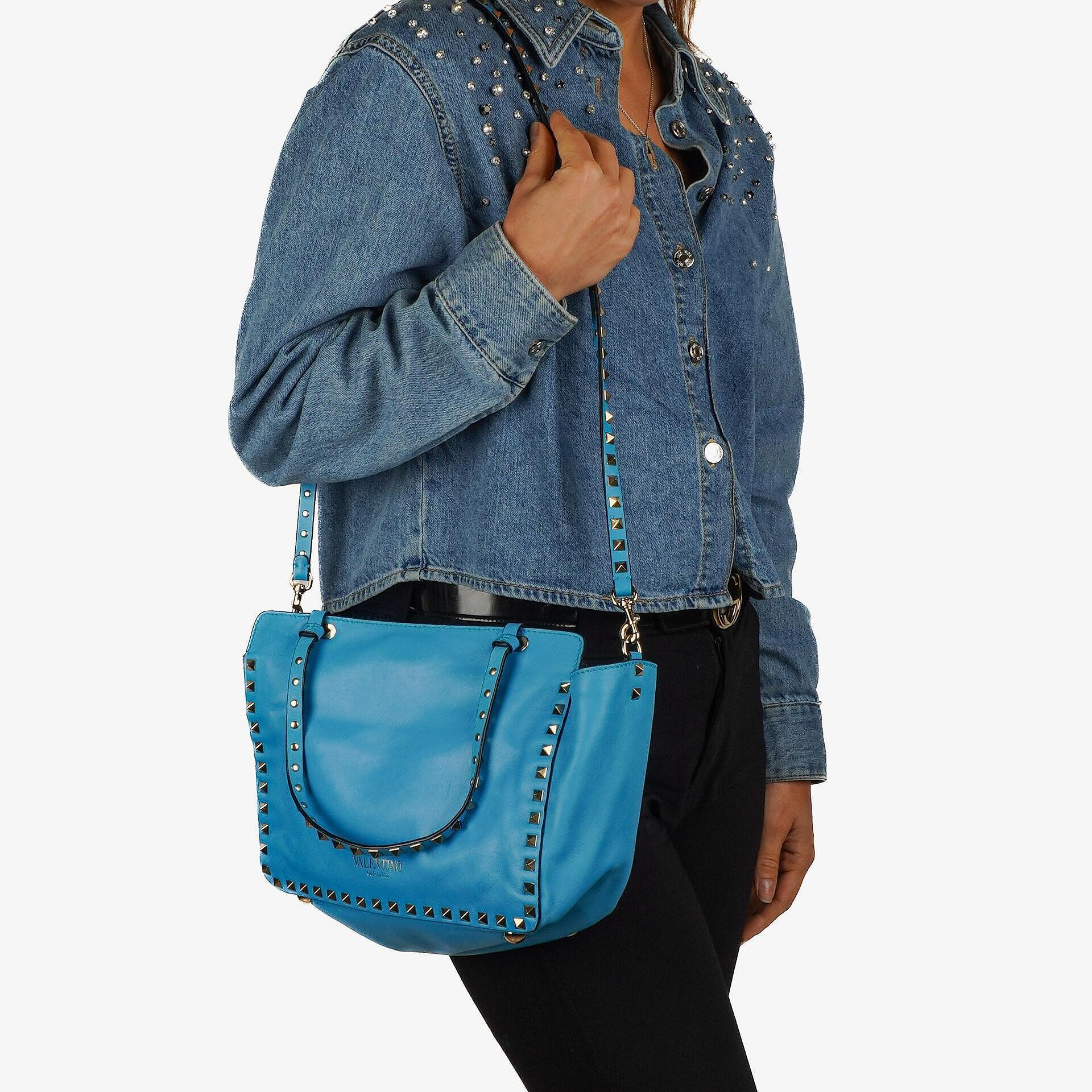 Valentino Garavani Small Rockstud Vitello Parrot Blue Tote Bag